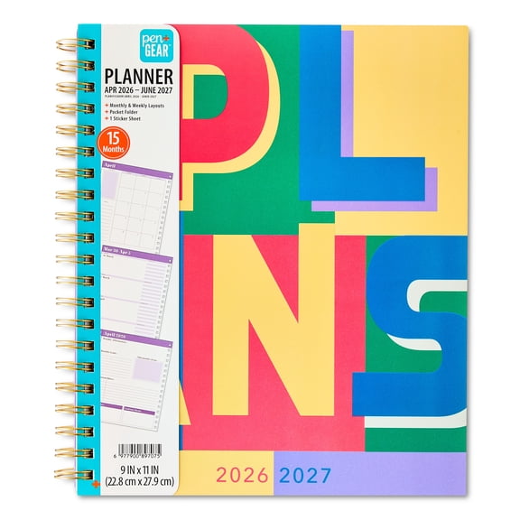 Pen+Gear Large 9"x11" Multi-Color 15-Month Planner, April 2026-June 2027