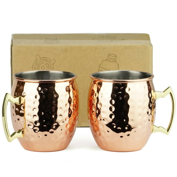 PG Moscow Mule Mugs - Large Size 19 ounces - Set of 2 Hammered Cups - Stainless Steel Lining - Pure Copper Plating - Gold Brass Handle - 3.7 inches Diameter x 4 inches Tall
