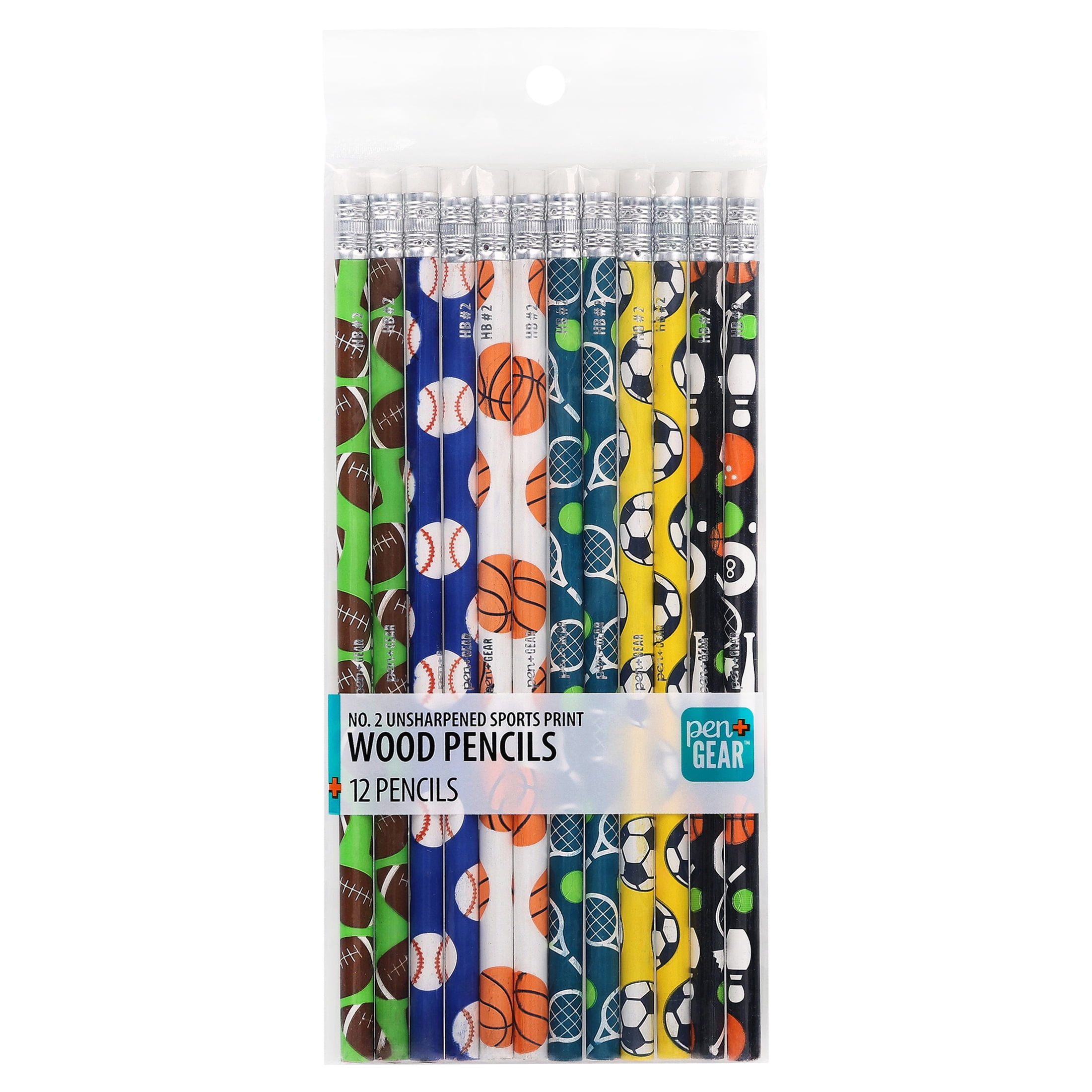 Pen+Gear Unsharpened Sports Print Wood Pencils, #2 HB, Multicolor, 12 Count