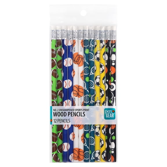 Pen+Gear Unsharpened Sports Print Wood Pencils, #2 HB, Multicolor, 12 Count