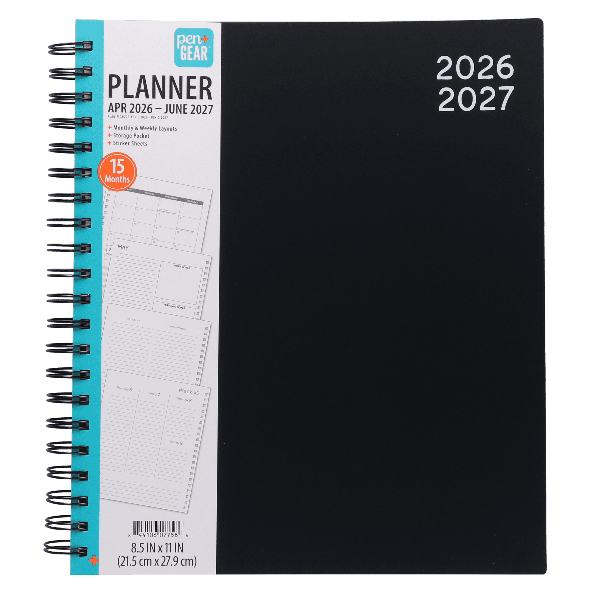 Pen+Gear 15-Month Weekly Planner, 8.5 in x 11 in, Black, April 2026-June 2027