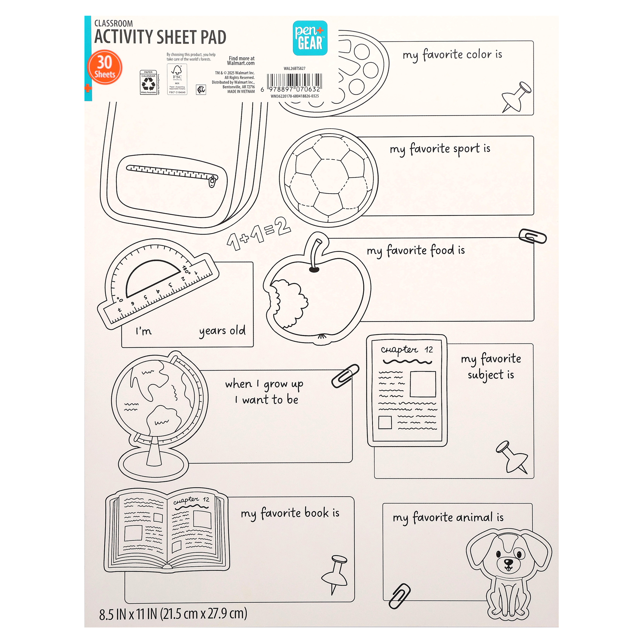 Block de hojas de actividad para colorear Pen+Gear, 8.5 x 11 pulgadas, 30 hojas