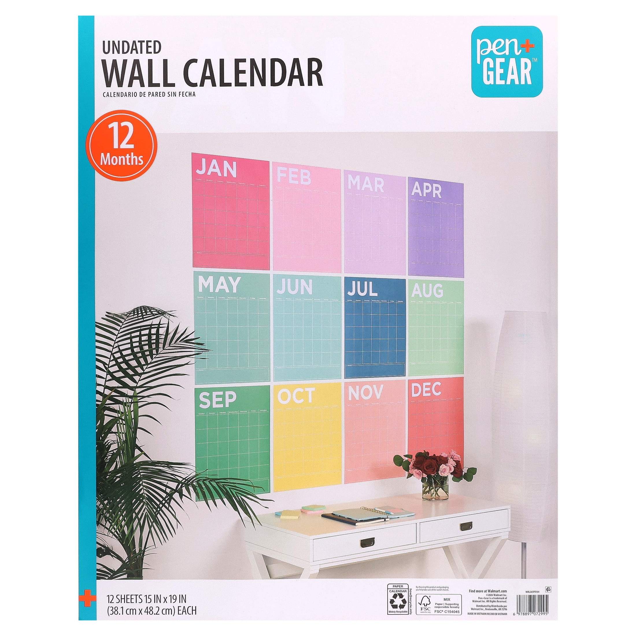 Pen+Gear 12-Month Undated Wall Calendar, Multicolor, 15" x 19"