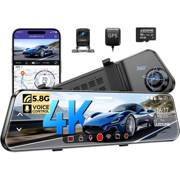 PG17 2CH Mirror Dash Cam 4K - 12" Touch Screen - 24H Parking Mode - Mirror Dash Cam - Minimize Blind Spots - Built-in GPS & WiFi - Reverse Assist - Supports Voice Command