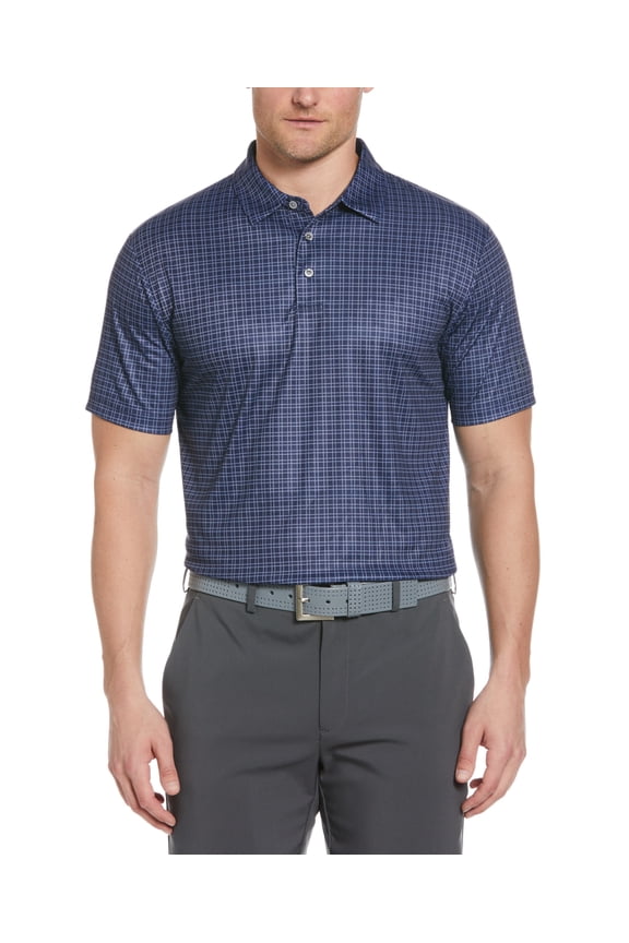 Mens Grid Print Short Sleeve Polo Shirt Peacoat Blue Small