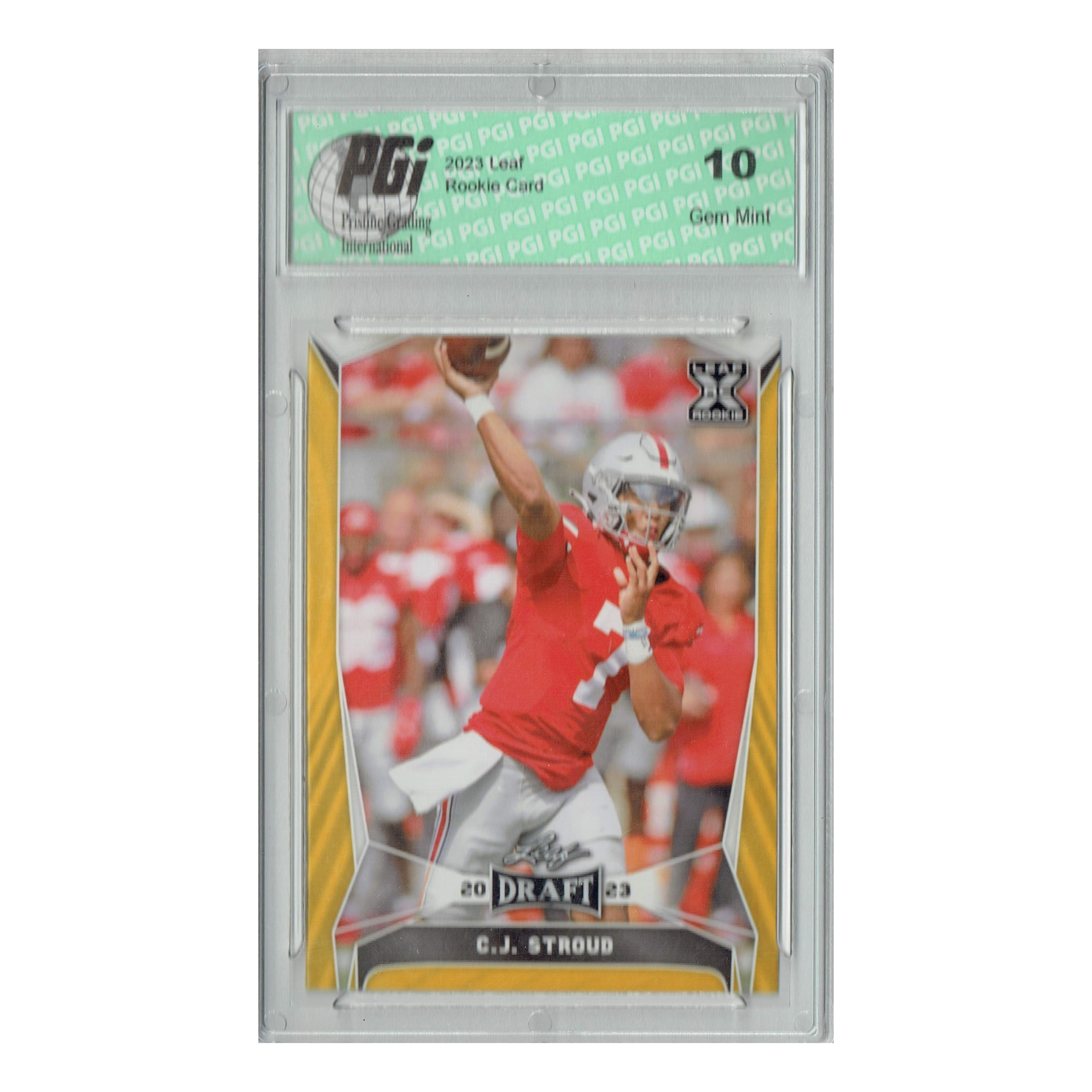PGI 10 C.J. Stroud 2023 Leaf Football #43 Gold SP Ohio State Rookie Card