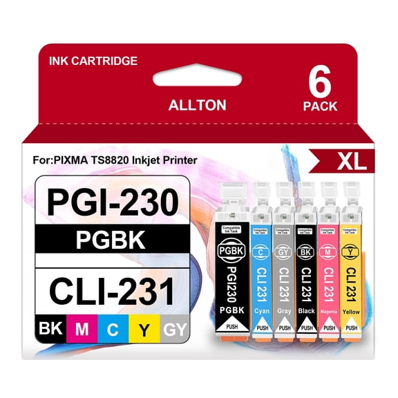 PGI-230 CLI-231 XXL Ink Cartridge Compatible 230 231 High Yield PGI230 CLI231 Ink Cartridge Replacement for PIXMA TS8820 Inkjet Printer(6-Pack,PGBK/BK/C/M/Y/GY)