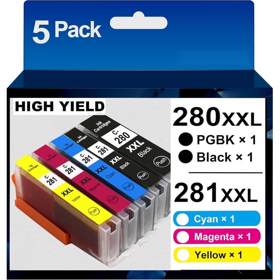 PGI-280 XXL/CLI-281 XXL Ink Cartridge 5 Color Pack Replacement for 280 281 Ink Cartridges High Yield Compatible with Printer TR8520 TR8620 TR7520 TR8600 TS6120 TS6220 TS9120