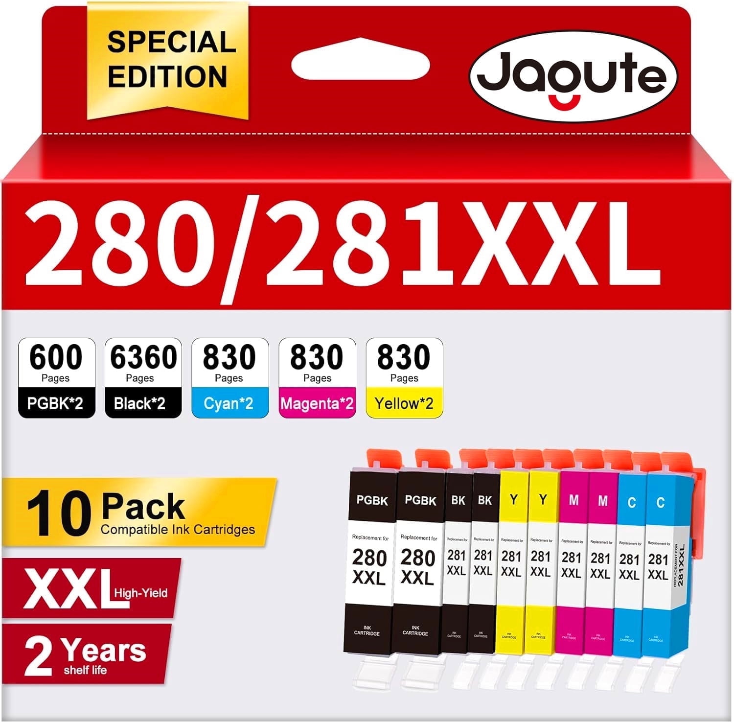 PGI-280XXL CLI-281XXL for Canon 280 281 Ink Cartridges for Canon TR8620A Ink Cartridges PIXMA TR8620 TR8520 TR8600 TS6120 TS9521C Printer(10-Pack, PGBK, Black, Cyan, Magenta, Yellow)