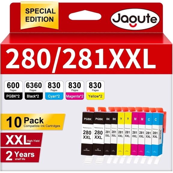 PGI-280XXL CLI-281XXL for Canon 280 281 Ink Cartridges for Canon TR8620A Ink Cartridges PIXMA TR8620 TR8520 TR8600 TS6120 TS9521C Printer(10-Pack, PGBK, Black, Cyan, Magenta, Yellow)