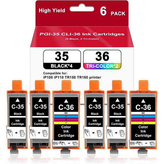 PGI-35 CLI-36 Ink Cartridges Set 4 Black and 2 Tri-Color Total 6 Pack Compatible with Canon Pixma mini320 mini260 iP100 iP110 TR150 TR160 Printers