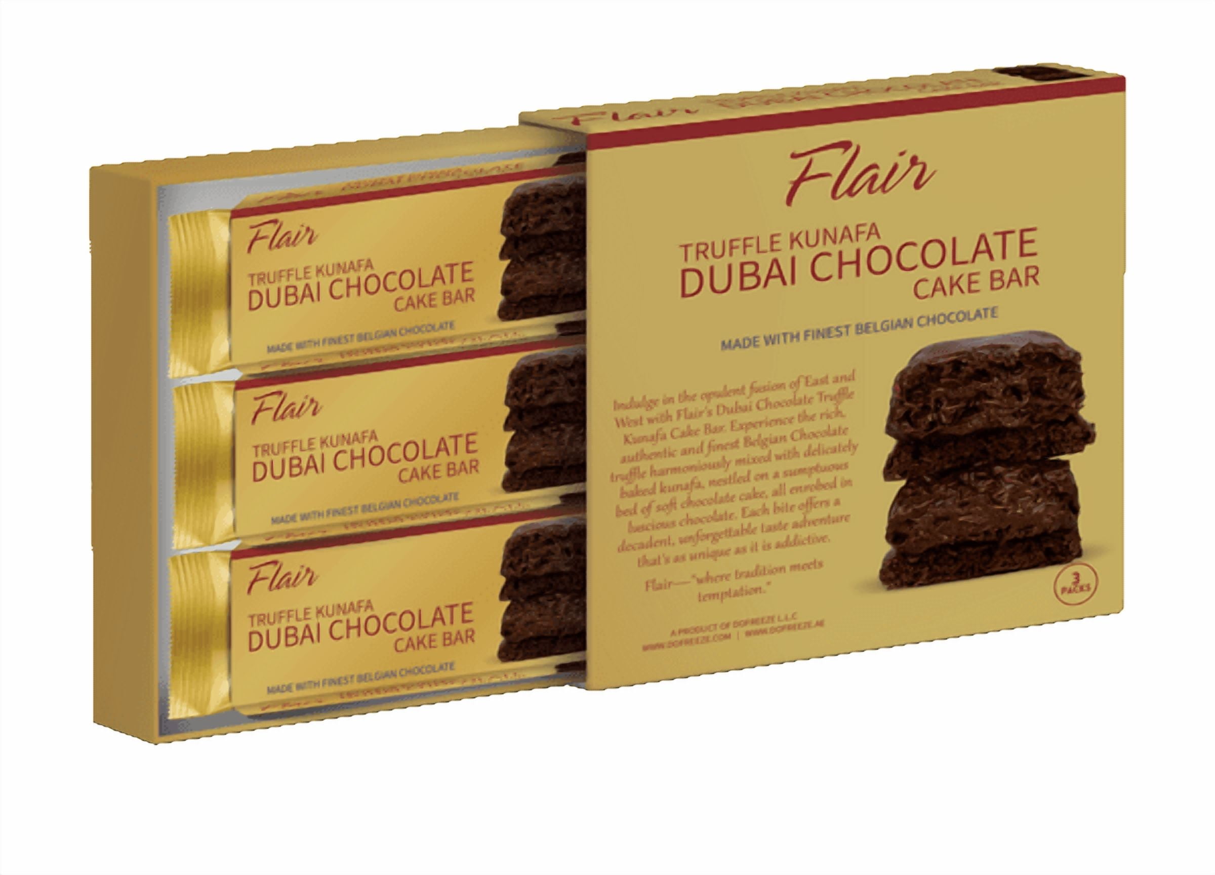 Flair Truffle Kunafa Dubai ChocolateFlair Dubai Truffle Kunafa Chocolate Cake Bar - 3pcs Box 165gm (5.8oz)