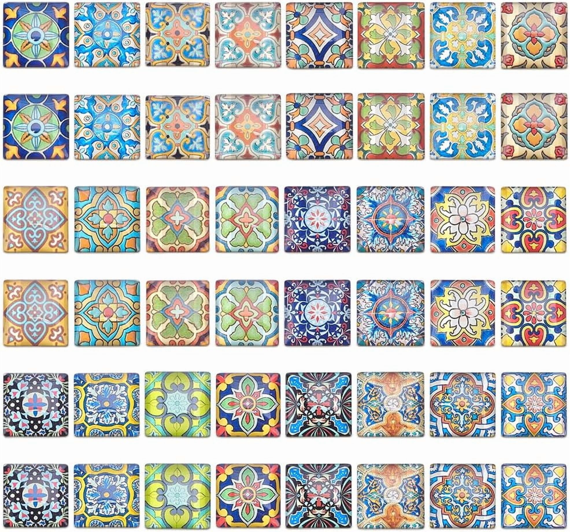 PH 1 Inch Square Mosaic Cabochons 48pcs Glass Cabochon Tiles Mosaic Printed Glass Dome Cabochons Flower Pattern Mosaic Tiles Supplies for Photo Cameo Pendant Crafts Jewelry Making Colorful DIY