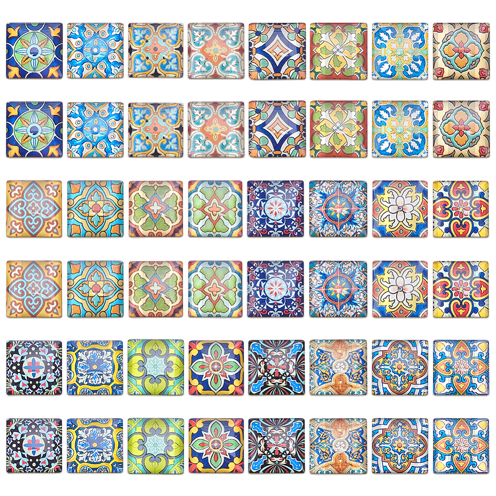 PH 1 Inch Square Mosaic Cabochons 48pcs Glass Cabochon Tiles Mosaic Printed Glass Dome Cabochons Flower Pattern Mosaic Tiles Supplies for Photo Cameo