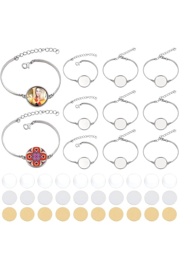 PH 10 Sets Sublimation Bracelets Blanks Adjustable Photo Bezel Tray Bracelets Heat Transfer Bracelets Round Bracelet Bezel Setting with Sublimation Blank Discs for Bracelet Jewerly Making Multi-color