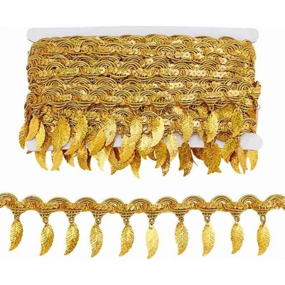 PH 10 Yards Gold Sequin Fringe Trim Leaf Tassel Ribbon Fabric Decorative Trim Gold Edging Trim Sewing Ribbon for Wedding Dance Dress Sewing Garments Belt Halt Home Decoration Gold