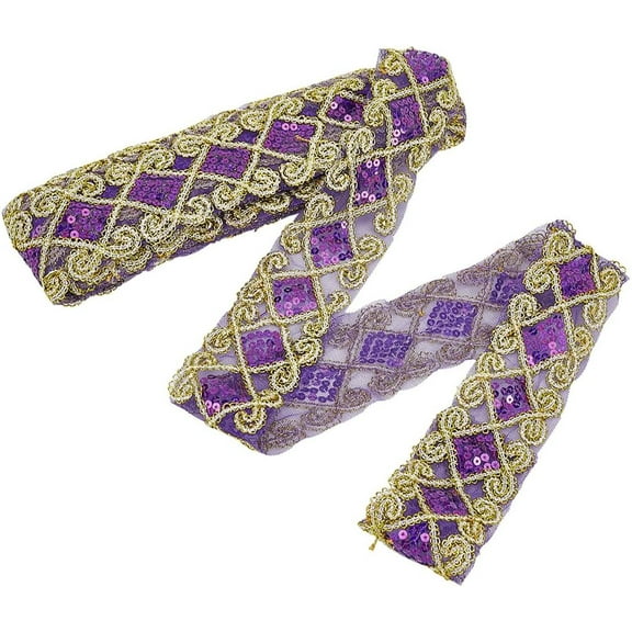 PH 10 Yards Purple Sequin Lace Trim 2.36" Embroidery Lace Trim Gold Lace Mesh Ribbon Sewing Supplies Crafts with Paillettes for Mardi Gras Crafts Embellishments Clothes Curtain Purple