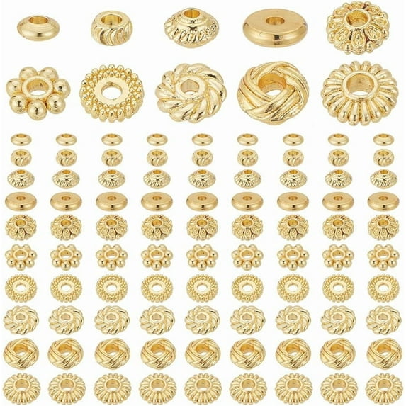 PH 100pcs 18K Gold Spacer Beads 10 Styles Metal Beads Flat Round Gold Beads Flower Rondelle Beads Loose Beads for Summer Bikini Beach Layered Bracelets Necklaces Earrings Jewelry Making Gold
