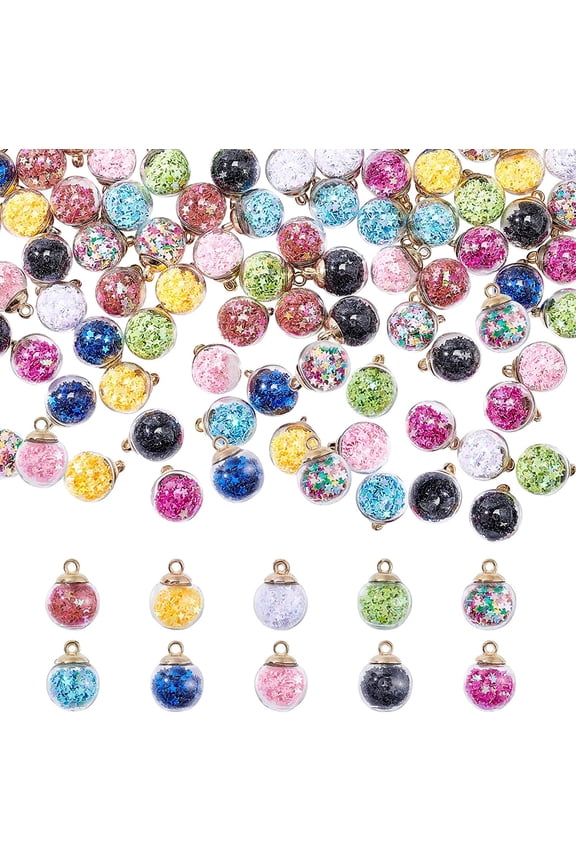 PH 100pcs Colorful Glass Ball Charms - 15mm Glass Ball Pendants with Star Glitter Sequins Cup Peg Bails for DIY Necklace Earring Jewelry DIY Craft Making