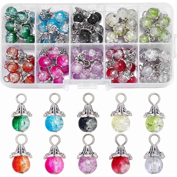 PH 100pcs Dangle Charms Pendants 10 Colors Clear Beads Glass Drop Beads with Silver Findings for Earring Necklace Bracelet Jewelry Making DIY Craft 18mm Long Colorful