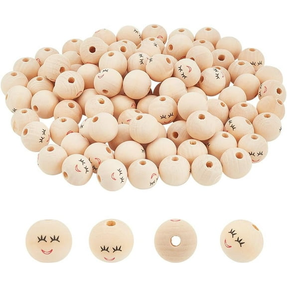 PH 100pcs Face Wood Beads 20mm Wooden Beads Natural Wood Beads Loose Beads with Face Head Beads for Bracelet Necklace Jewelry Macrame Key Chain Angel Craft Christmas Decor 4.7mm Hole for DIY