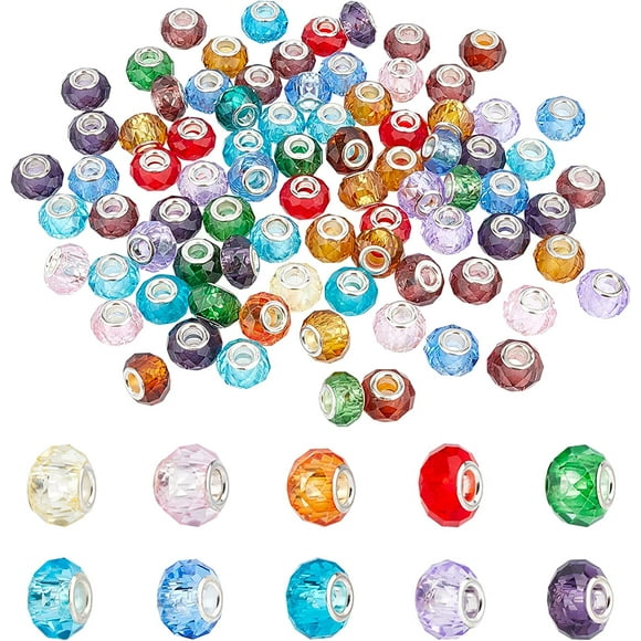 PH 100pcs Faceted Glass European Beads Mixed Color Large Hole Rondelle Beads Crystal Spacer Beads Diamond Hair Beads Fit European Bracelet Snake Chain Charm Bracelet Hole: 5mm