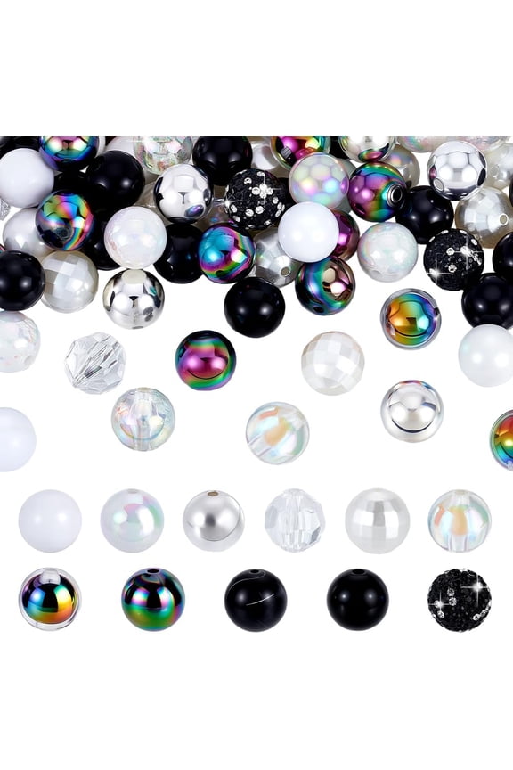 PH 102pcs 16mm Bubblegum Beads Black White Round Beads Set Punk Style Pearls Faceted Spacers Focal Bead Large Pen Bead for Beadable Pens Bracelet Necklace Jewelry Making DIY Craft