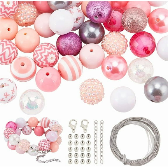 PH 106pcs Breast Cancer Awareness Bead Kit for Bracelets 20mm Pink Chunk Beads Mixed Bubblegum Beads Large Acrylic Loose Beads for Jewelry Bracelet Necklace Pen Bag Chain Garland Making Pink