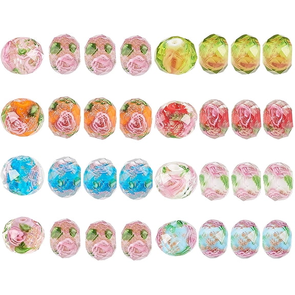 PH 10mm Floral Lampwork Beads 32pcs 8 Colors Faceted Glass Beads Gold Sand Loose Spacer Beads for Rosary Bracelet Necklace Earring Bookmarks Keychain Jewelry Making Supplies colorful