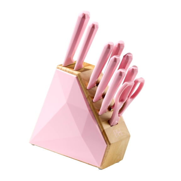 Paris Hilton 10-Piece Cutlery Block Set, Titanium-Coated Stainless Steel Blades, Diamond-Faceted Block, Pink