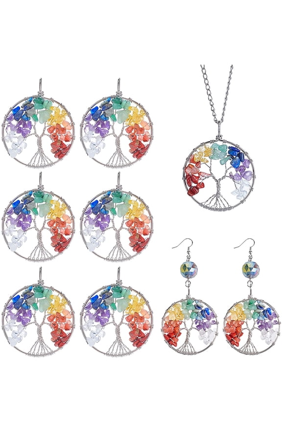 PH 10pcs Tree of Life Pendant 2 Inch Gemstone Necklace Charms Quartz Stone Pendant Crystals Tree Life Good Luck Charms for Necklace Earring Jewelry Making Silver