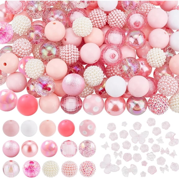 PH 110pcs 20mm Bubblegum Beads 16 Styles Chunk Beads 30g Pink Flower Butterfly Beads Acrylic Pen Beads Large Loose Beads for Valentine Christmas Garland Jewelry Necklace Pen Making Multi-color