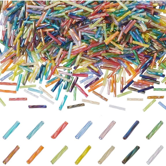 PH 1120pcs 14 Colors Twist Bugle Beads 12x2mm Long Tube Glass Seed Rainbow Loose Spacer With 0.8mm Hole for DIY Bracelet Necklaces Jewelry Crafts Making Beading Sewing colorful
