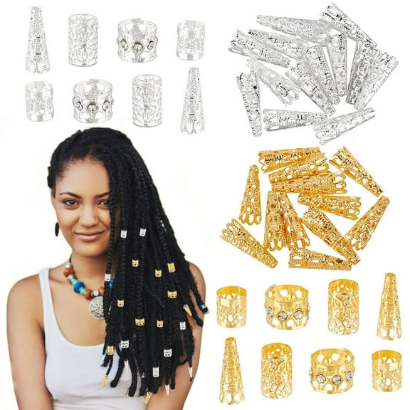 PH 112pcs Metal Hair Cuffs 4 Style Dreadlock Beads Golden Silver Hair Coil Cuffs Braids Hair Cuffs Decoration Charms Hollow Bead Caps Hair Jewelry Rings for Women Dreaklock Braid Accessory colorful