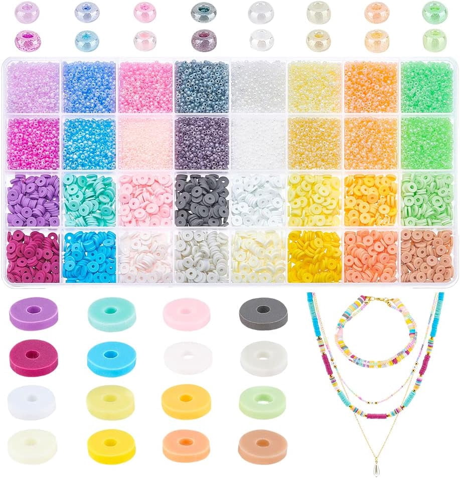 PH 11360~12480pcs Craft Beads Kit 2mm Glass Seed Beads 16 Colors Mini Pony Beads 6mm Polymer Clay Beads 16 Colors Heishi Beads Small Craft Beads for Bracelet Necklace Jewelry Making Colorful