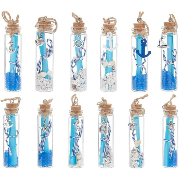 PH 12 Styles Ocean Message Bottle Seaside Glass Bottle Beach Starfish Decor Glass Jar Hanging Ornaments Nautical Wishing Bottles with Seashell for Wedding Christmas Party Home Office Decor Colorful