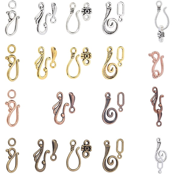 PH 120 Sets S Hook Ring Toggle Clasps 15 Styles Tibetan Style Hook and Eye Clasps Toggle Cord Rope End Clasp Connector Beads for Necklace Bracelet Jewelry Making Metal Mixed Color DIY