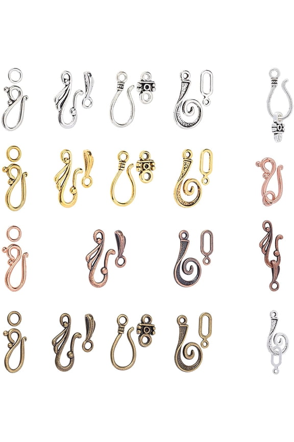 PH 120 Sets S Hook Ring Toggle Clasps 15 Styles Tibetan Style Hook and Eye Clasps Toggle Cord Rope End Clasp Connector Beads for Necklace Bracelet Jewelry Making Colorful