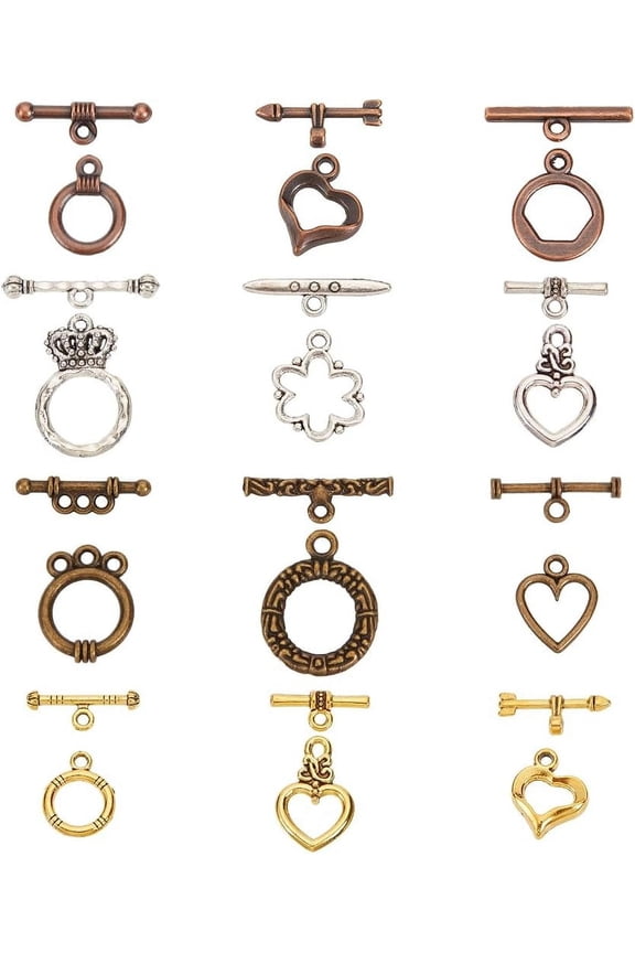 PH 120 Sets Tibetan Style Toggle Clasps 12 Styles Jewelry Closure Fasteners for Necklace Bracelet 4 Colors for DIY