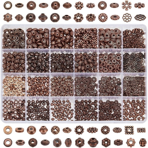 PH 1200pcs 24 Styles Metal Spacer Beads Red Copper Spacer Beads Tibetan Flat Alloy Bead Spacers Loose Beads Craft Beads for Bracelet Necklace Earring Jewelry Supplies red DIY