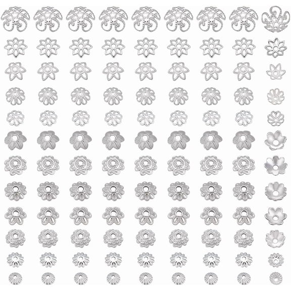 PH 120Pcs Alloy Beads Caps 12 Styles Flower Bead Caps Metal Spacers Beads Caps Hollow Flower Bead End Caps Bead Cap Bails for Bracelet Necklace Earrings Jewelry Making Silver for DIY