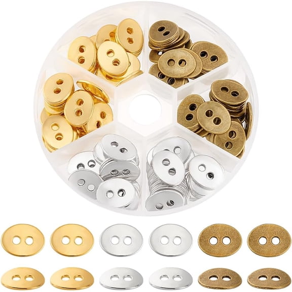 PH 120pcs 3 Colors Oval Bracelet Beads 2 Hole Alloy Buttons Flat Buttons Spacer Beads for Bracelet Anklet Jewelry Making Sewing DIY Crafts Christmas Decorations 14x11x1mm Colorful