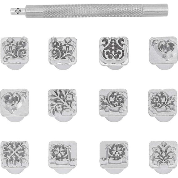PH 12pcs 10mm Zinc Alloy Leathercraft Metal Flower Pattern Stamps Punch Set Tool with 1pc Handle for Leather Craft Belt Bag Craft DIY Jewelry Marking 12 Shapes Silver