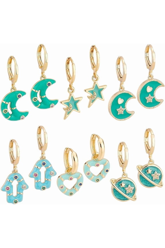 PH 12pcs 6 Styles Enamel Earrings Set 18K Gold Plated Earrings Blue Dangle Huggie Earrings for Women Planet Moon Heart Star Alloy Hoop Earrings for Christmas Mother's Day Gift Colorful