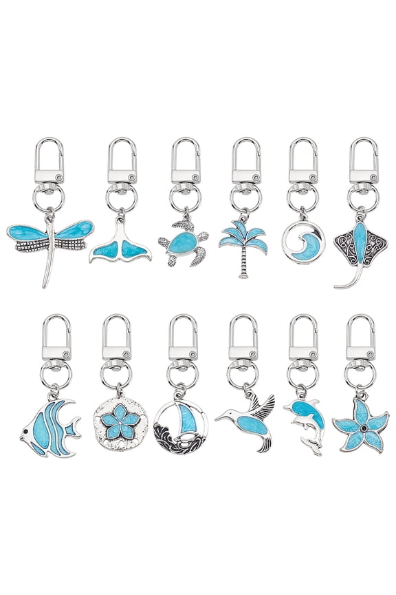 PH 12pcs Animal Flower Keychains Ocean Beach Alloy Enamel Keychain Nautical Fish Turtle Charms with Swivel Clasps