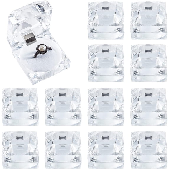 PH 12pcs Clear Ring Boxes Square Earrings Jewelry Storage Box Acrylic Ring Box Holder Display Organizer Case with Foam for Proposal Engagement Wedding Jewelry Display White White