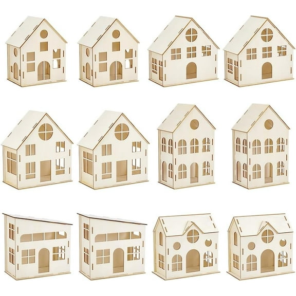 PH 12pcs DIY Christmas Village Sets Unfinished Wooden Houses for Crafts 6 Styles Mini Unassembled House for Indoor Room Landscape Holiday Party Desktop Decoration