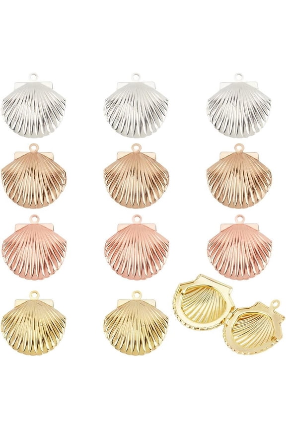 PH 12pcs Shell Locket Charms 3 Colors Photo Frame Charm Memorial Collection Charm Brass Locket Charms Pendants for Summer DIY Necklace Jewelry Bracelet Jewelry Keychain Making Colorful DIY