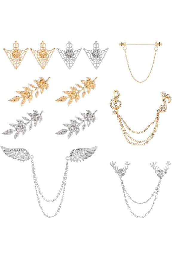 PH 12pcs Tassel Chain Brooch Collar Pins 8 Styles Wing Double Link Chains Tie Clips Chain Leaf Flower Lapel Pin Retro Shirt Collar Decoration for Men Women Shirt Suit Tuxedo Tie Hat Scarf for DIY
