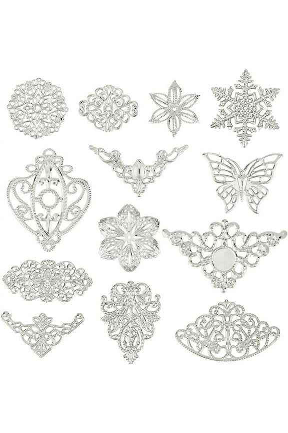 PH 130pcs 13 Styles Filigree Connector Charms Links Platinum Corner Embellishments Protectors Hollow Filigree Flower Charm Resin Filler for Christmas Pendant Earring Bracelet Jewelry Making Silver